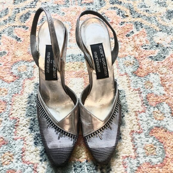 STUART WEITZMAN Vintage Silver Leather Crystals Mesh Slingback Pumps Heels 7N - Picture 3 of 16